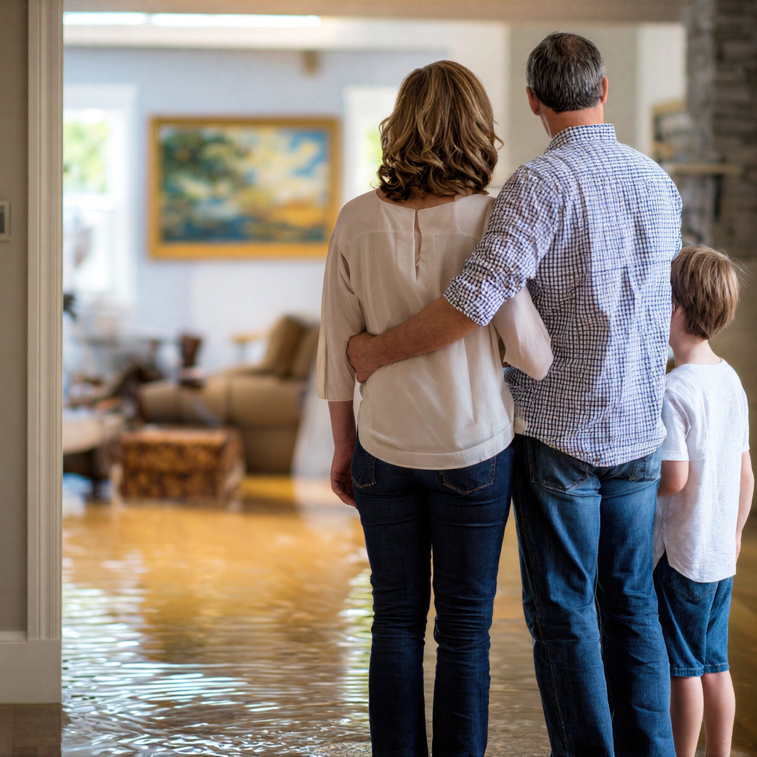 Family returning to flood damaged home and observing water marks reflects emotional impact, property loss reality and importance of insurance protection