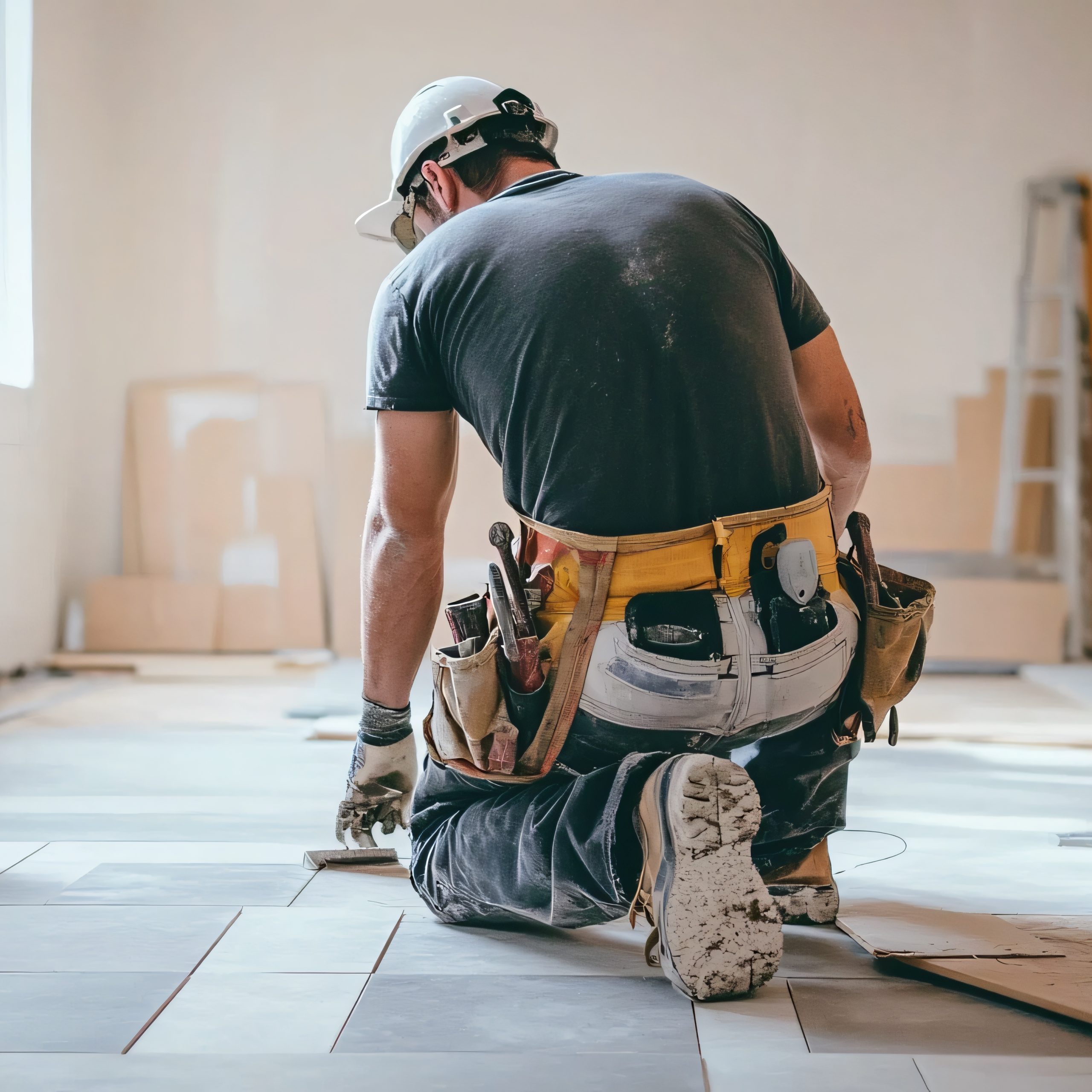 A construction worker installing tile flooring in a new home